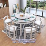 Set Meja Makan Marmer Bulat 6 Kursi Kayu Jati