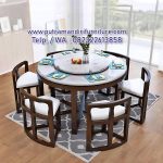 Set Meja Makan Marmer Bulat 6 Kursi Kayu Jati
