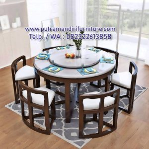 Set Meja Makan Marmer Bulat 6 Kursi Kayu Jati
