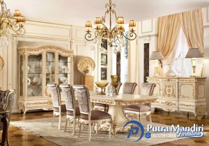 Kursi Meja Makan Klasik Putih Gold Mewah Italian Style