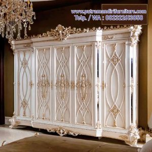 Lemari Pakaian Ukiran Mewah Putih Terbaru
