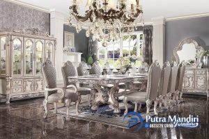 Meja Makan 10 Kursi Silver Klasik Ukiran Mewah Terbaru