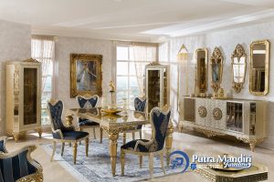 Set Meja Ruang Makan Mewah Gold Klasik Jepara