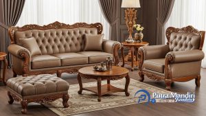 Sofa Tamu Kulit Mewah Jati Klasik Jepara