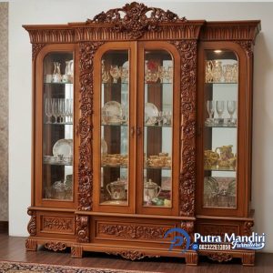 Lemari Hias 4 Pintu Kaca Ukiran Klasik Jati Jepara