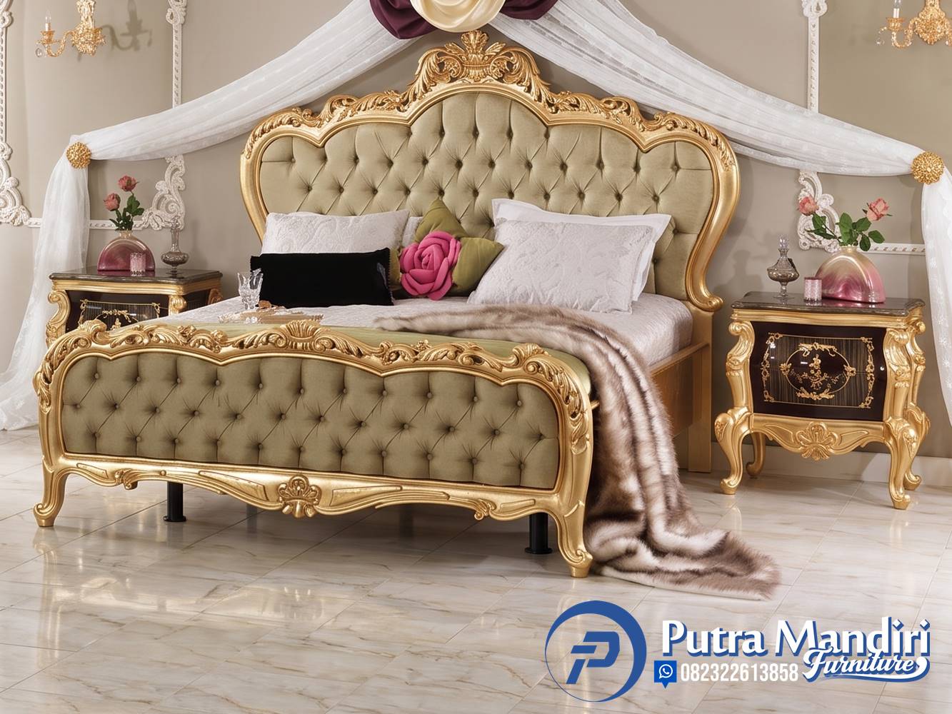 Ranjang Tempat Tidur Ukiran Warna Gold Klasik Jepara