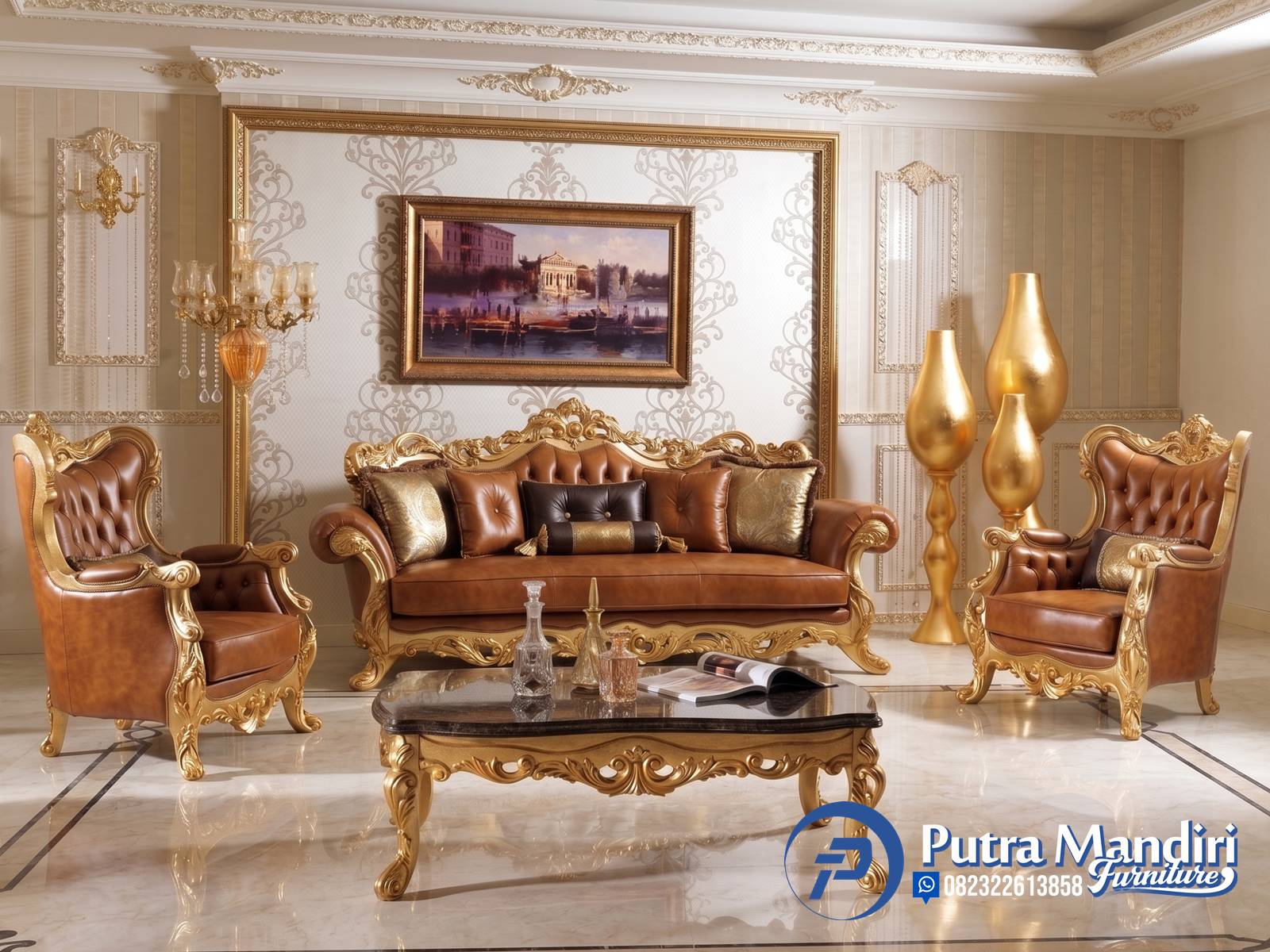 Set Kursi Tamu Jati Ukiran Warna Gold